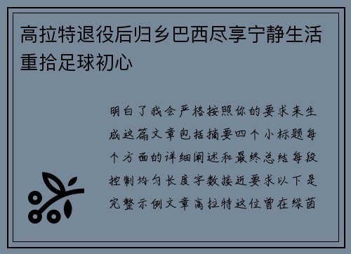 高拉特退役后归乡巴西尽享宁静生活重拾足球初心 高拉特退役后归乡巴西尽享宁静生活重拾足球初心