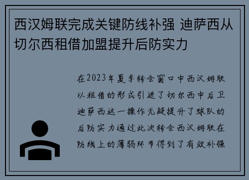 西汉姆联完成关键防线补强 迪萨西从切尔西租借加盟提升后防实力